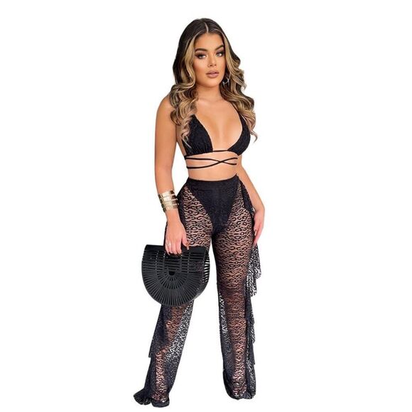2 pc Black Sleeveless Deep V-Neck Lace Hollow-out Women Jumpsuit sz Large - Picture 1 of 7